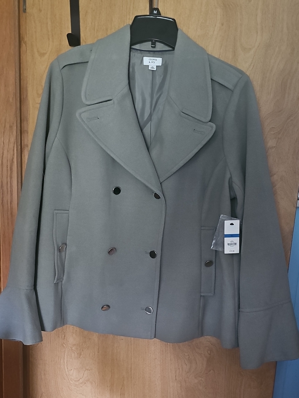 crown & ivy muted olive green double-breasted peacoat